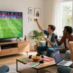 Engaging sports betting scene with friends cheering for 2026 World Cup matches, showcasing excitement and 更多資訊 on betting strategies.