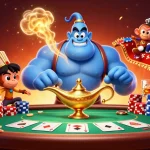 Experience thrilling moments with keonhacai3, where a blue genie and monkey enhance the high-stakes poker atmosphere.