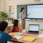 Teacher utilizing EMStudio online teacher planner in a vibrant classroom setting to manage lesson plans and student activities.