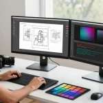 Efficient workspace with Snipaste下载 tool showcased, vibrant design projects on screens, modern atmosphere.