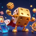 FUN88 interactive casino game illustration with golden dice golem, slot reels, and vibrant crypto elements