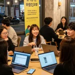 하루이야기 커뮤니티에서 사람들의 활기찬 대화와 구인정보 공유 모습