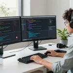 Programmer focused on coding in a modern office, representing telegram中文版下载 software development.