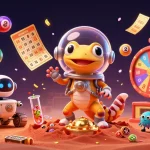 Engage in tai go88 with a Martian gecko discovering a golden casino, surrounded by vibrant game elements.