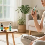 Pure THC vape pen disposable used in a serene wellness routine, featuring CBD oil and natural elements for relaxation.