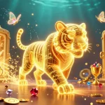 Experience thrilling gameplay with Raja Game in a vibrant 3D casino scene featuring a neon tiger and slot elements.