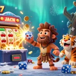 Experience big wins with Mapan777 at a vibrant prehistoric casino featuring a caveman and a sabertooth tiger.