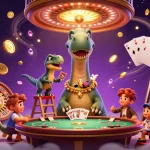 Toto123 daftar showcases immersive online gaming with a towering brontosaurus and a clever raptor dealing cards.