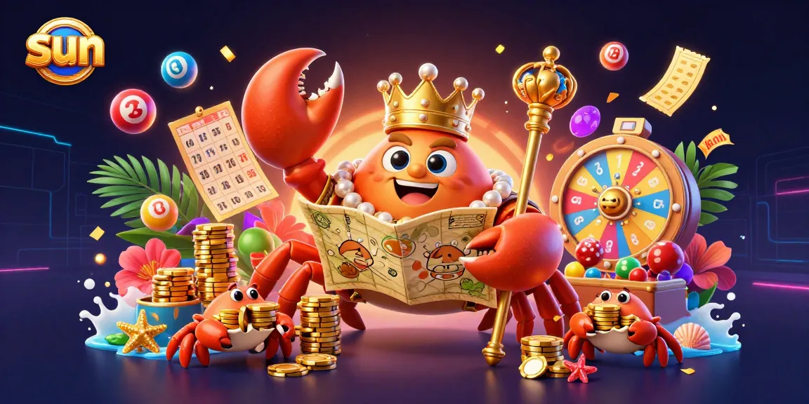 Engage with sun-styled lottery fun featuring a crab emperor amidst vibrant bouncing balls and golden chips.