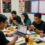 Pemain togel antusias menganalisis syair menang dan angka-angka dalam suasana penuh energi.