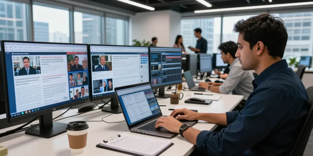 Engaging newsroom scene at https://www.theindaily.com, featuring a journalist surrounded by tech and live updates.