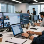 Engaging newsroom scene at https://www.theindaily.com, featuring a journalist surrounded by tech and live updates.