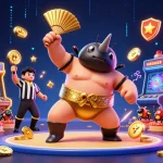 Experience LUCKY77 with a dynamic scene featuring a beetle champion amidst a bustling casino atmosphere.