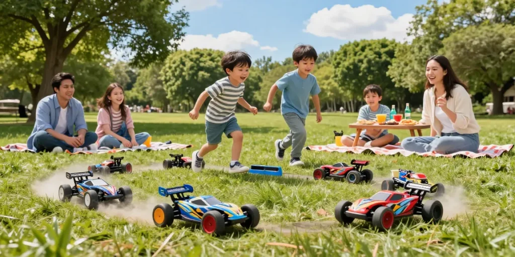 Exciting ROKOK88 slot family racing scene with remote control cars in a sunny park, capturing joyful moments and colorful designs.