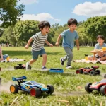 Exciting ROKOK88 slot family racing scene with remote control cars in a sunny park, capturing joyful moments and colorful designs.