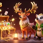 Engage with bigpot88 in a vibrant casino scene featuring a druid stag, lush treasures, and mystical elements.