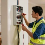 Round the clock electrician performing electrical work in a cozy home setting with tools and warm lighting.