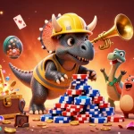 nhacaiuytin88 celebrates a gaming victory in a vibrant casino-themed illustration filled with lively characters.